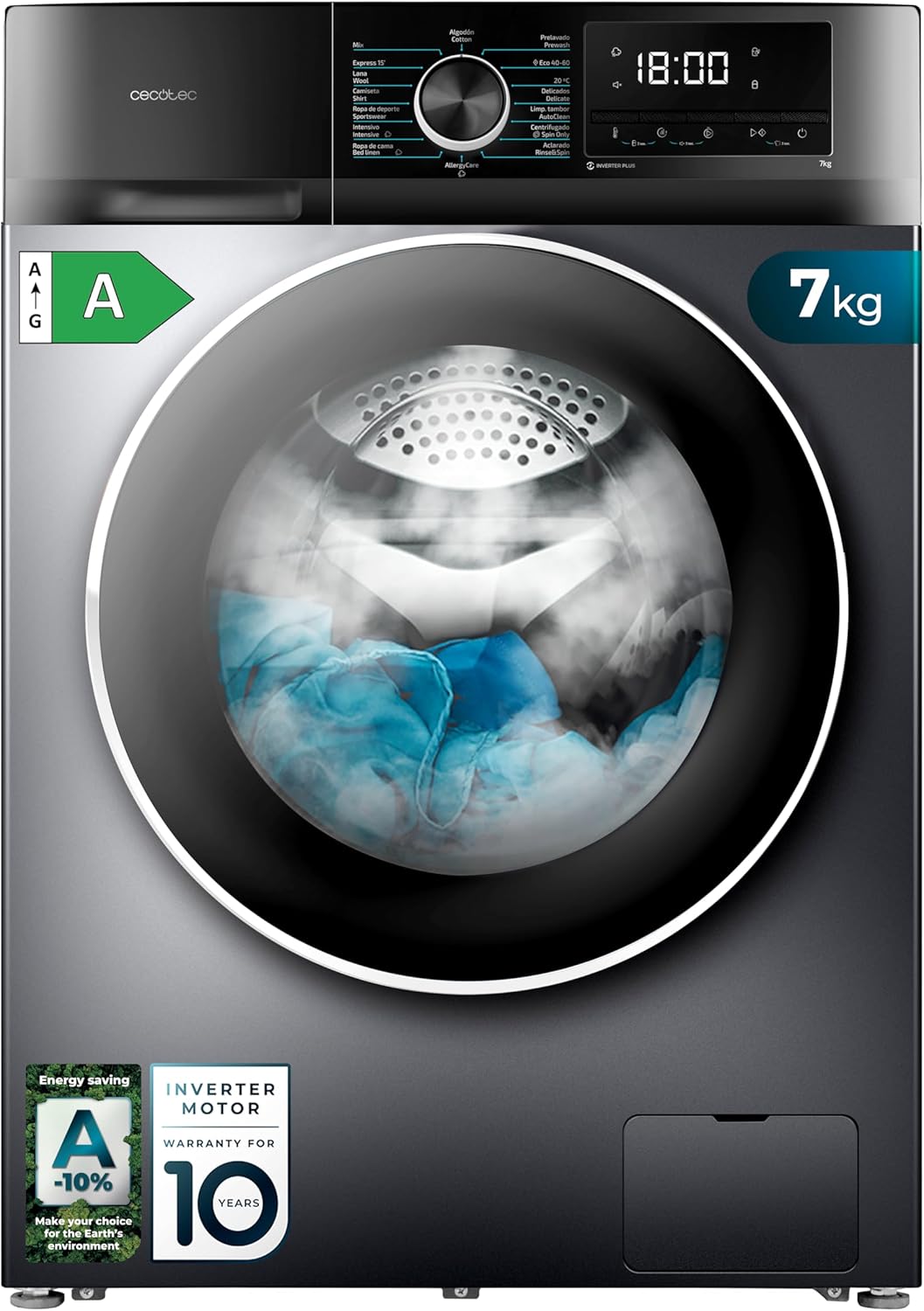 Lave-linge 7 kg à chargement frontal Bolero Dresscode 7500 Inverter Steel A, Classe A, 1400 tr/min, Révolutions programmables, 16 programmes, Steam Max, Allergy Care, Affichage - 7 Kg Acier - Série 500