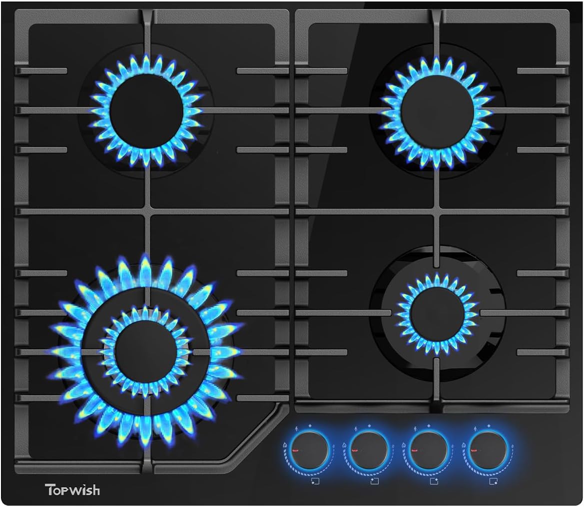 TOPWISH plaque de cuisson gaz, plaque cuisson à gaz, table de cuisson encastrable 60cm avec bleu bouton rotatif éclairé, NG/LPG décapotable, protection d'extinction, allumage automatique, 8000W