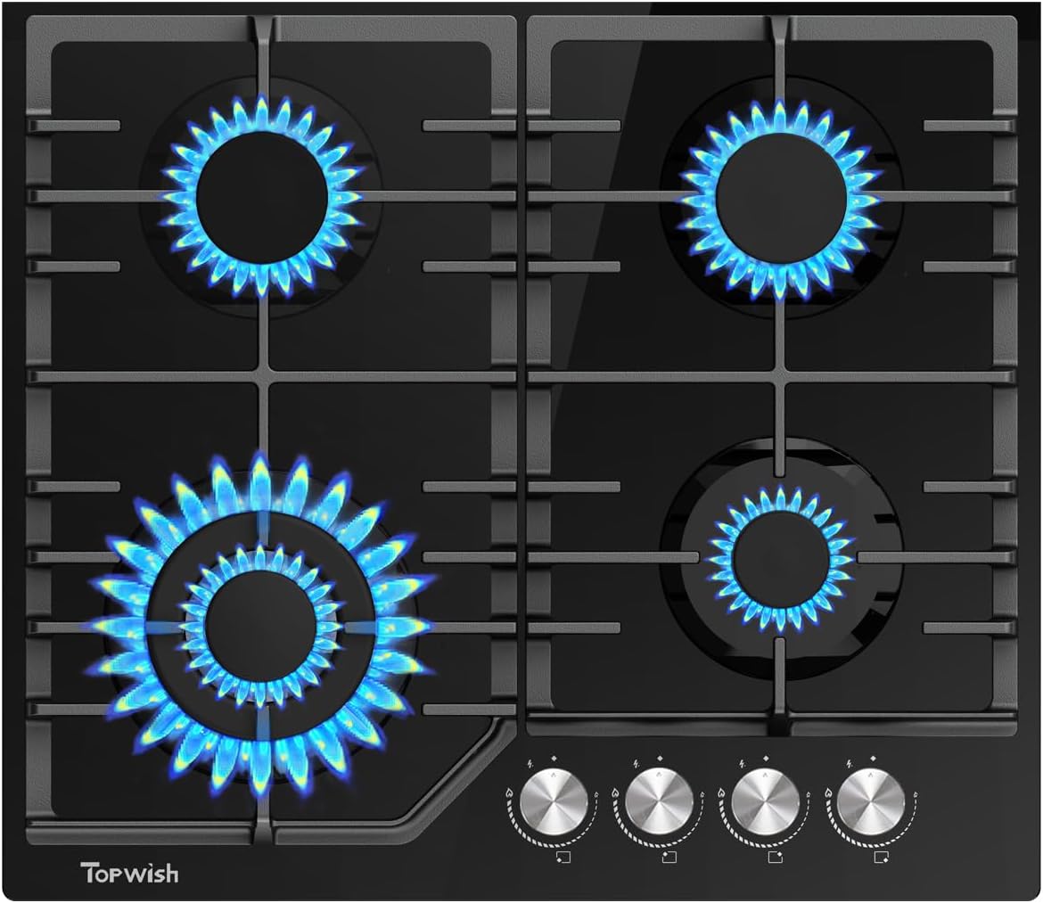 TOPWISH plaque de cuisson gaz 4 feux, plaque gaz 4 feux, plaque cuisson 60cm, table de cuisson encastrable avec Italie sabaf brûleur, NG/LPG décapotable, soupapes sécurité, arrêt automatique, 8000W