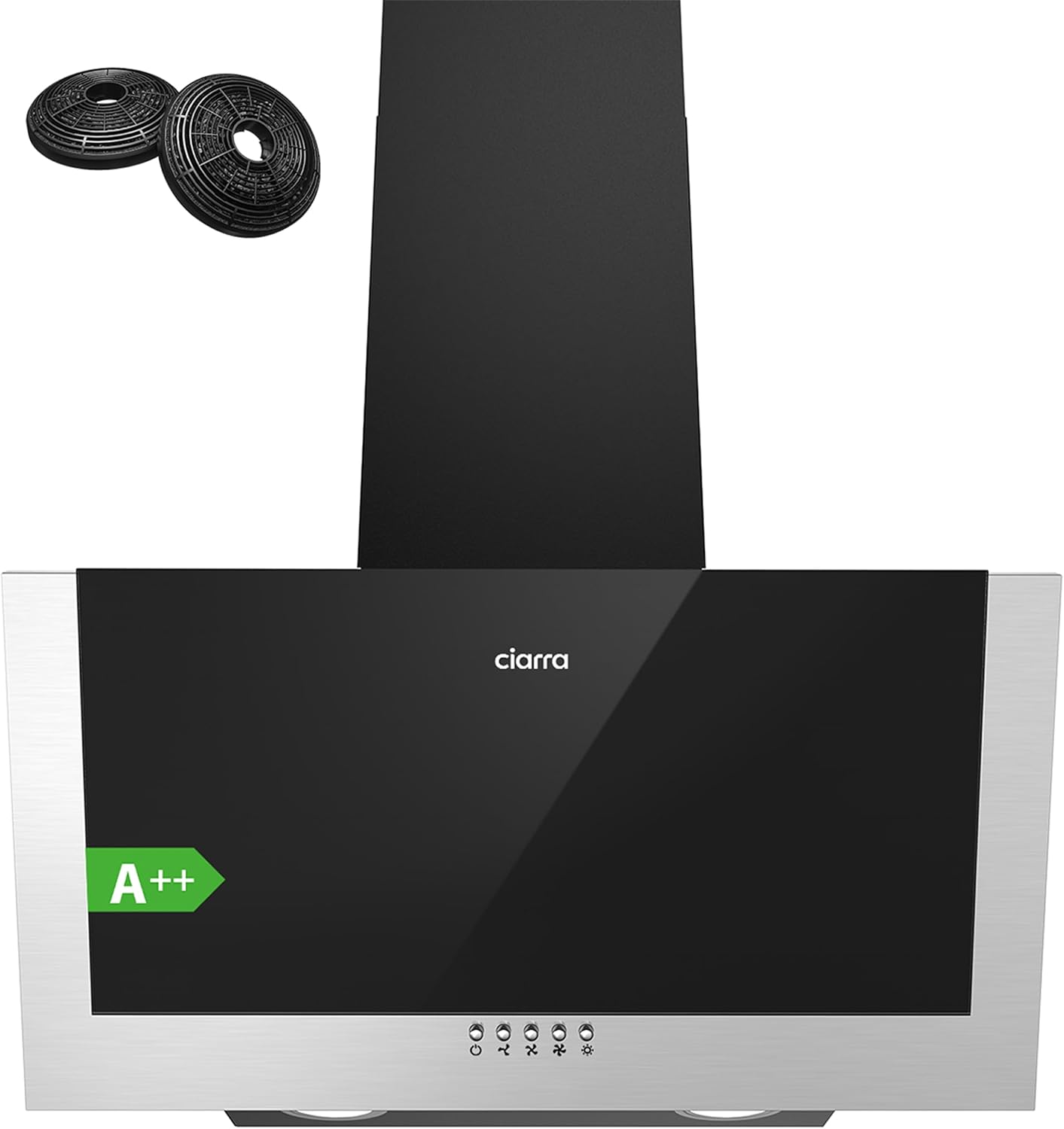 Hotte Aspirante Inclinée 60cm, Classe Énergétique A++, Puissance d'Extraction 350m³/h, 3 Vitesses, Filtres à Charbon Inclus, Évacuation ou Recyclage, Design Murale Moderne, Noire Noir A++