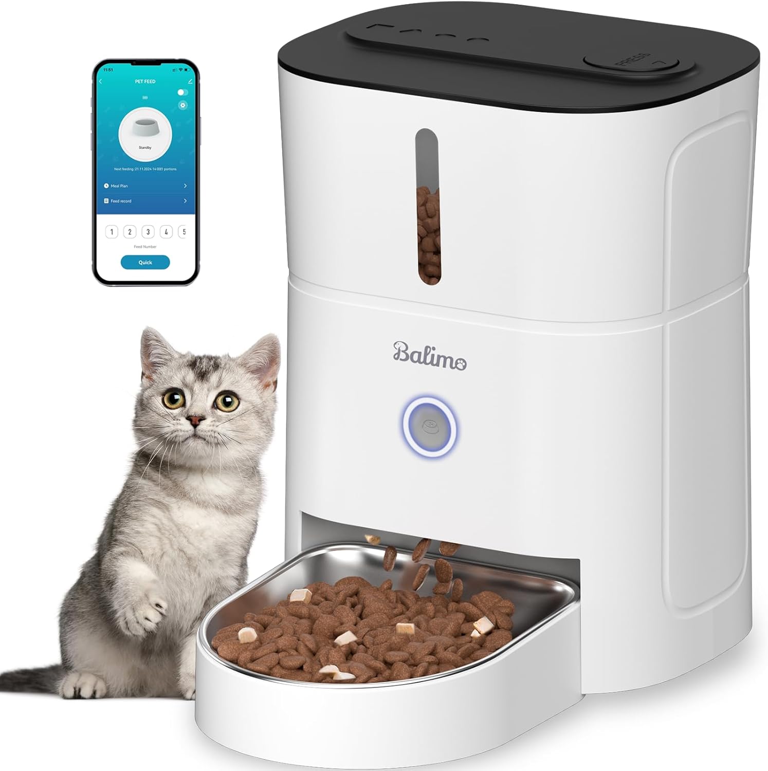 Distributeur Croquettes Chat Automatique, 2.4G WiFi 3L Distributeur De Croquettes pour Chat, 1-10 Repas par, Convient Aux Chiens et Chats, Blanc Blanc-carré