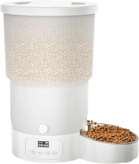5L Distributeur Croquettes Chat Automatique, Minuterie Programmable Gamelle Chat Automatique 1-6 Repas Par Jour, Un Bouton Fonctionnement Facile Pour Chien Avec Enregistreur Vocal 10S écran LCD Blanc 1 Bol