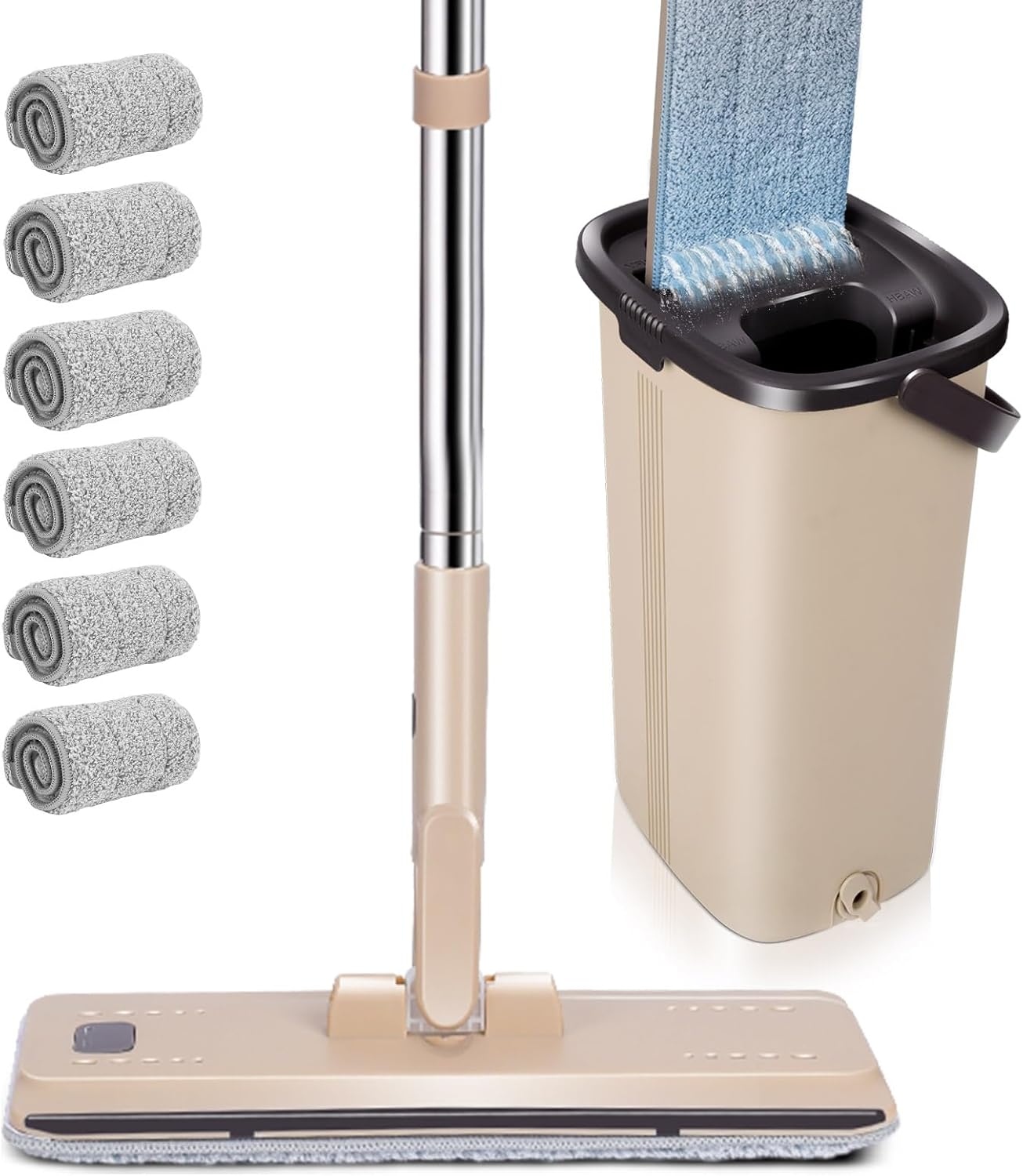 Serpillère Seau Essoreur, Serpillière Rotative 360° avec Manche INOX 140 cm, Balais Serpillère Nettoyer Sol pour Nettoyage Tous Types de Sols avec 6 Serpillères Réutilisables Beige+Gris Foncé