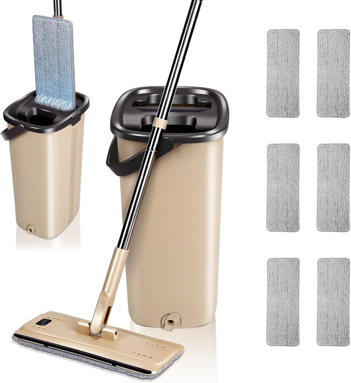 Balai Serpillère, Serpillière Seau Essoreur, Rotatif 360° Serpillere Microfibre et Seau Auto-Lavage, 6 Mops Réutilisables Fournies, pour Nettoyage Tous Les Types de Sols Beige Inox