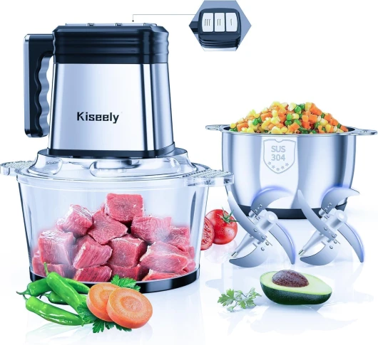Hachoir électrique 2L, Robot culinaire à 3 vitesses avec 2 bols et 2 jeux de lames à deux niveaux, hachoir à viande et légumes 400W pour viande, légumes, fruits et noix (RC1)