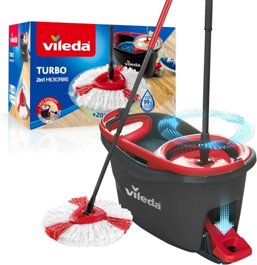 Turbo Balai avec Seau à pédale, Manche télescopique 85-130 cm, Balai à Franges avec essoreur Rotatif, Franges en Microfibres 2en1, Balai et Seau à pédale Gris Vileda Turbo, Set classique