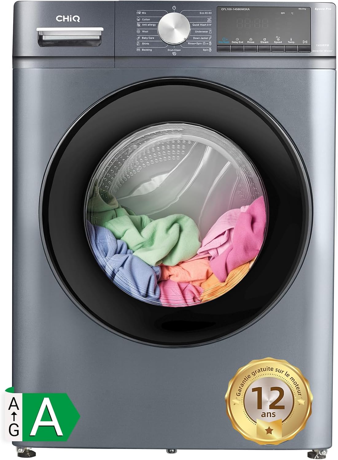 Lave-linge CFL100-14586IM3XA, Chargement frontal 10 kg,Space Pro,Moteur Inverter stable,1400 tr/min, Programme intelligent à IA, Fonction vapeur, Lavage rapide 15 minutes, 18 cycles lavage, Gris 10kg