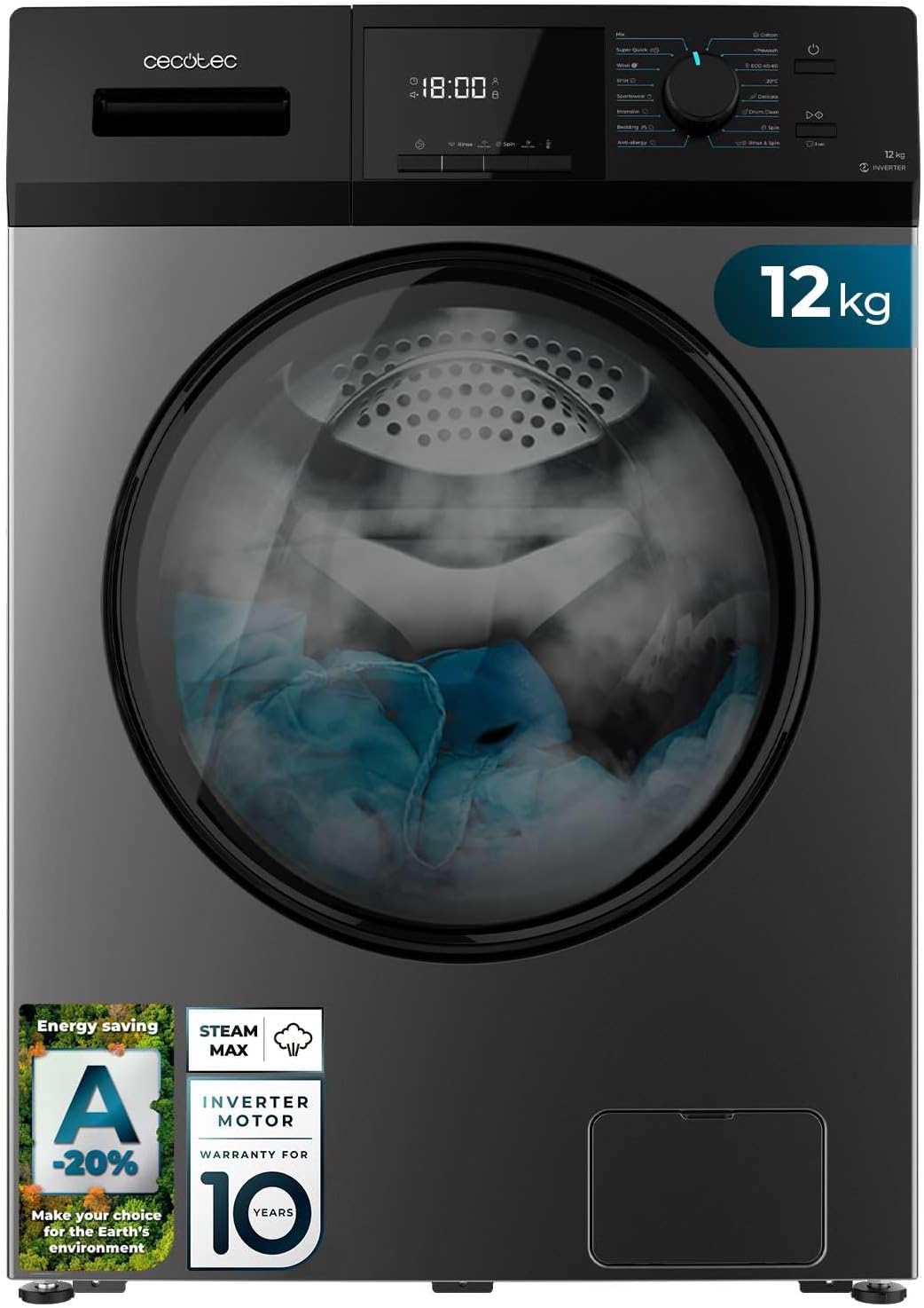 Lave-linge 12Kg Chargement Frontal Bolero DressCode 12410 Inverter Steel - Finition Acier,Moteur Inverter, 1400 tr/min, 16 programmes, Classe A-10%, Économie 70%, DelayStart, sécurité enfants 12 Kg Steel