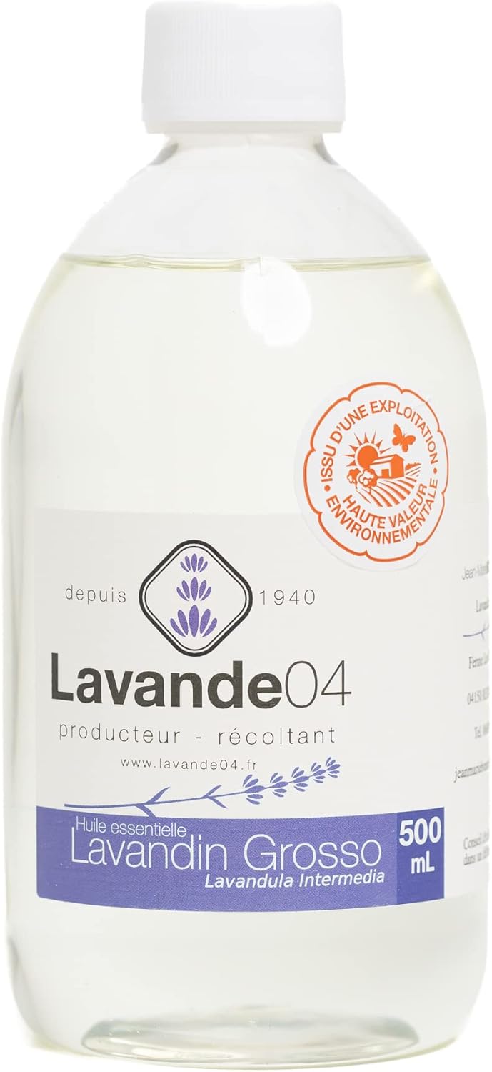 Huile Essentielle Lavandin Grosso 500 mL - Direct producteur - Provence - 100% pure et naturelle, Gros Format Economique - Idéal pour la fabrication de savon, bougie, lessive, apaisant relaxant