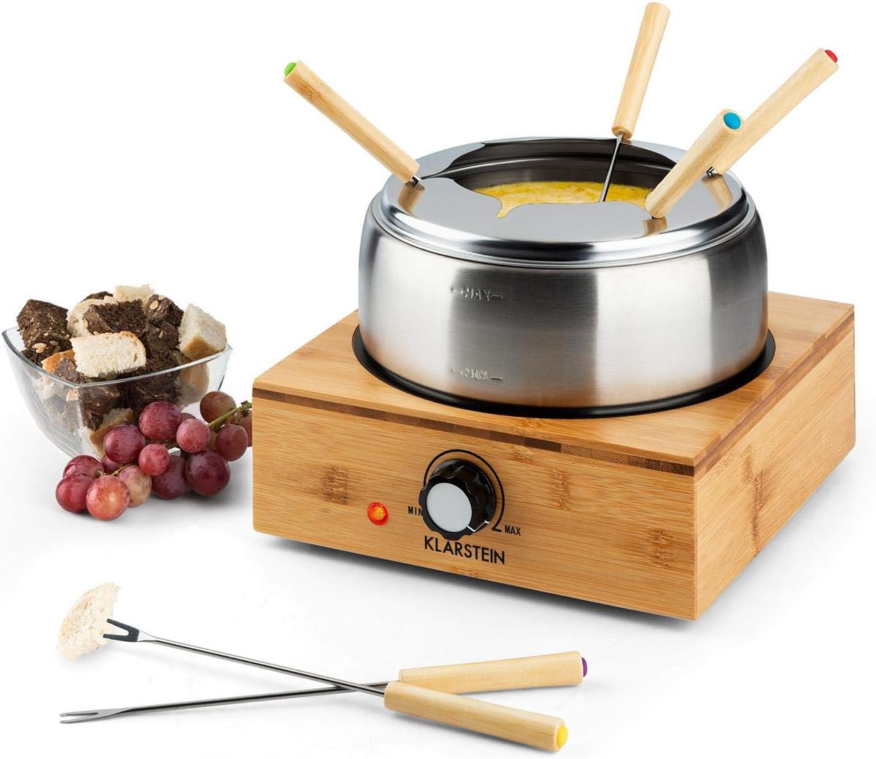 Bambus - fondue, 800 W, caquelon en inox, base en bambou, capacité 1,3 L max., plaque chauffante en inox, thermostat, support de fourchette, 6 fourchettes à fondue en inox - bambou