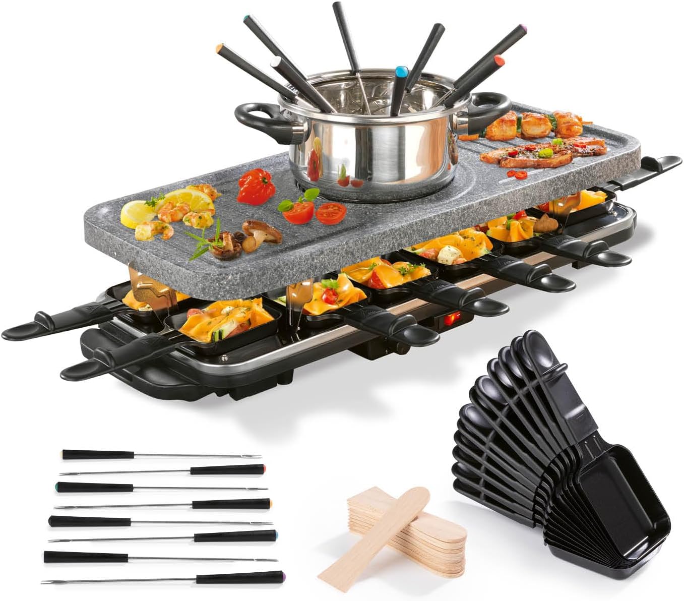 GOURMETmaxx Raclette & Fondue Combi XXL pour 12 personnes - Gril à raclette 4 en 1 + poêlon, set à fondue & pierre chaude - Gril de table électrique + plaque de gril antiadhésive