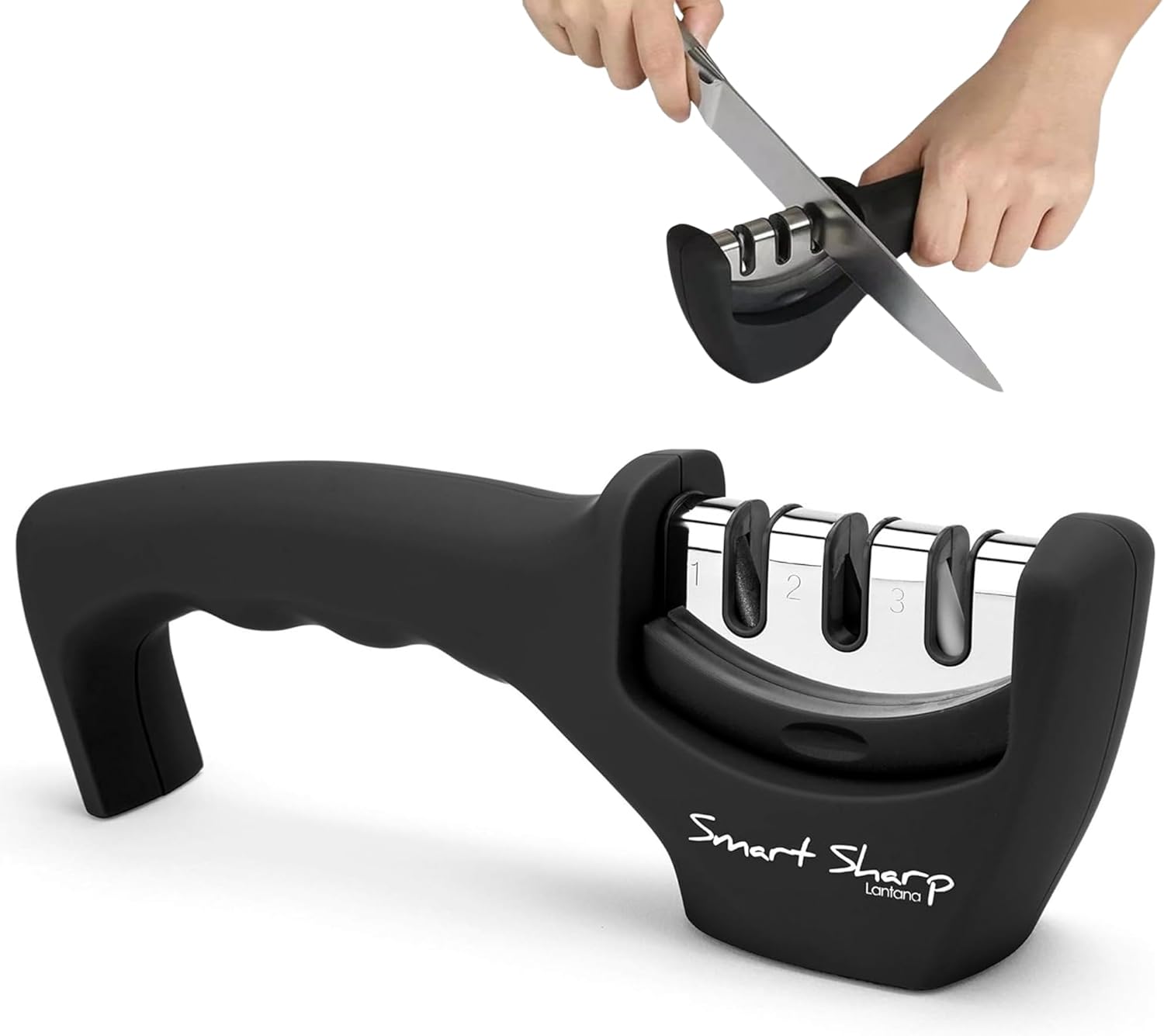 Aiguiseur à 3 phases Smart Sharp - pour couteaux de cuisine - résultat professionnel/design ergonomique - pierre céramique/carbure tungstène/diamant - finition noire/chromée Noir/Chromé