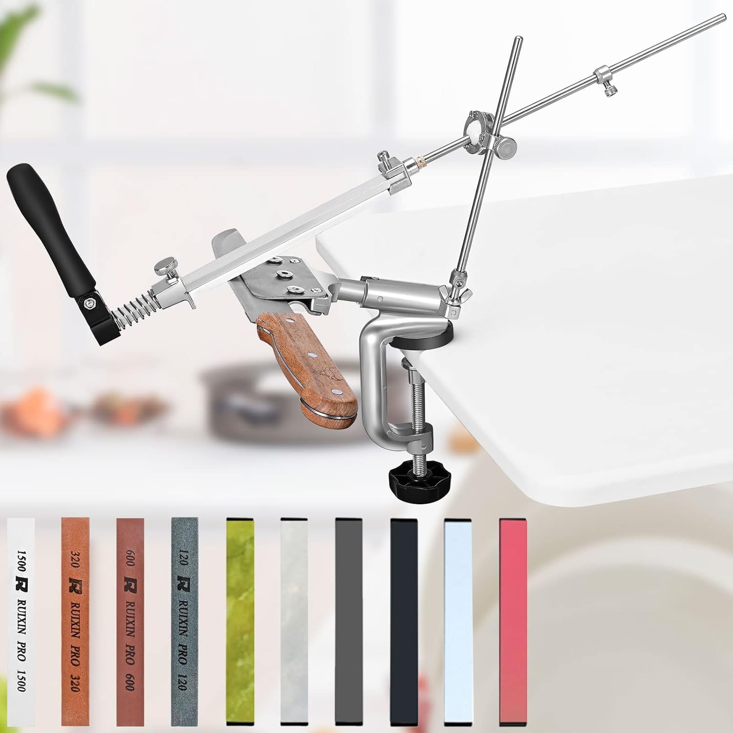 MusyVocay Aiguiseur de couteaux manuel professionnel 10 pierres à aiguiser, aiguiseur de couteaux avec design rotatif à 360° pour cuisine maison, meulage de pièces de précision