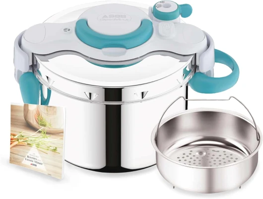 ClipsoMinut'Easy + bleu 6L poignées rabattables Cocotte-minute InductionLivre de 100 recettes Autocuiseur Inox Fabriqué en France Facile à utiliser P4900716 6 L