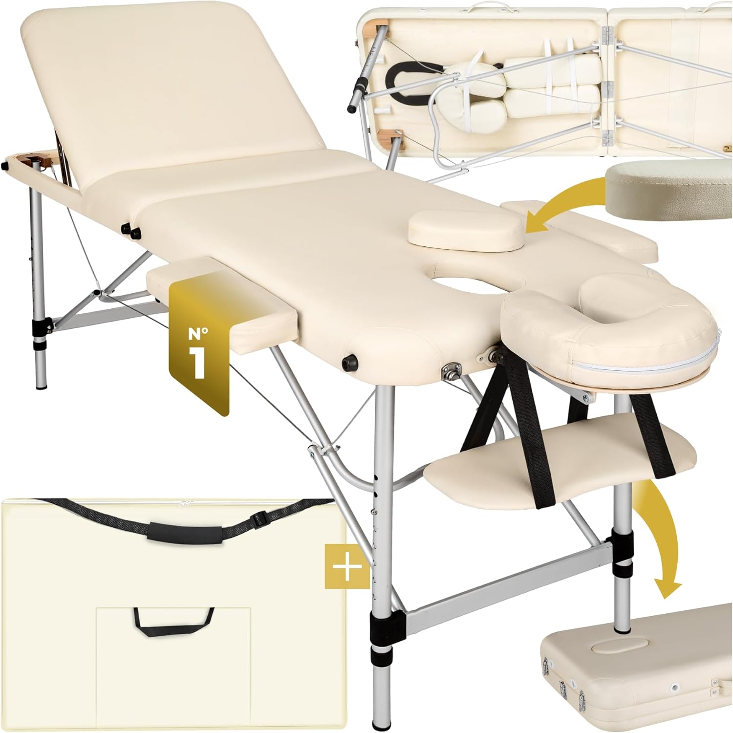 ® Table de Massage Pliante Professionnelle 3 Zones Aluminium Cosmetique Lit de Massage Table Esthetique Tatouage Portable avec Repose Bras, Housse de Transport Incluse Largeur 61 cm Beige