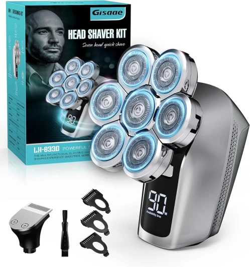 Rasoir Tete Chauve Homme, rasoir 7D amélioré pour hommes chauves, rasoir électrique humide/sec étanche IPX7, kit de toilettage de barbe avec écran LED, rasoir rechargeable pour tête chauve Silver Gray