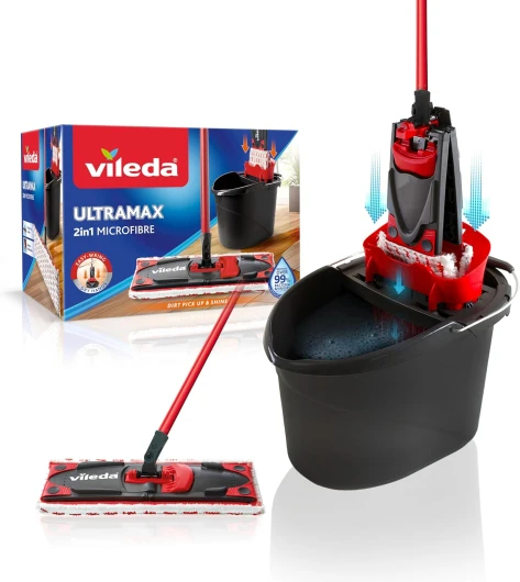 Utramax Kit Complet Balai et Seau-essoreur, Ensemble de balais à Plat avec Seau, et Housse en Microfibre, Retire Plus de 99% des bactéries avec de l'eau, Vileda Love it Clean Kit Classique