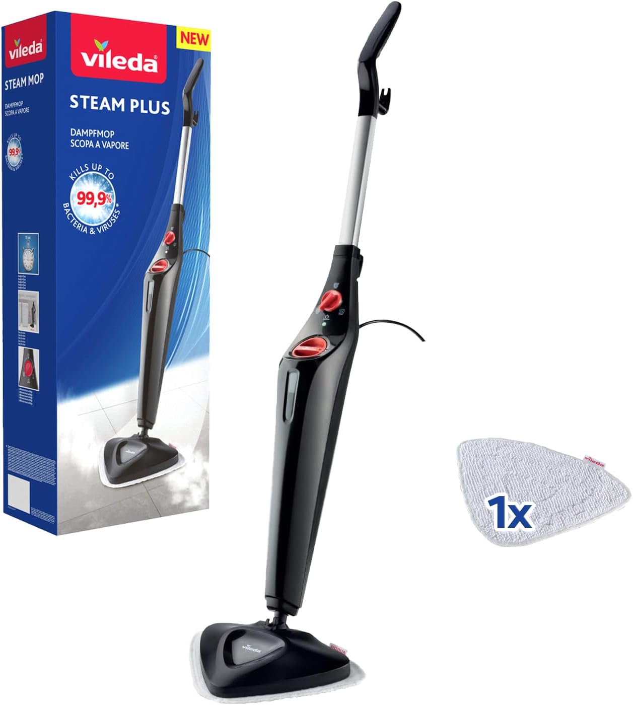 Steam Plus, Balai Vapeur, Nettoyeur Vapeur pour Un Nettoyage hygiénique, Tue jusqu'à 99,9% des bactéries et des Virus, Idéal pour Tapis et moquettes, Pas d'utilisation de Produits Chimiques