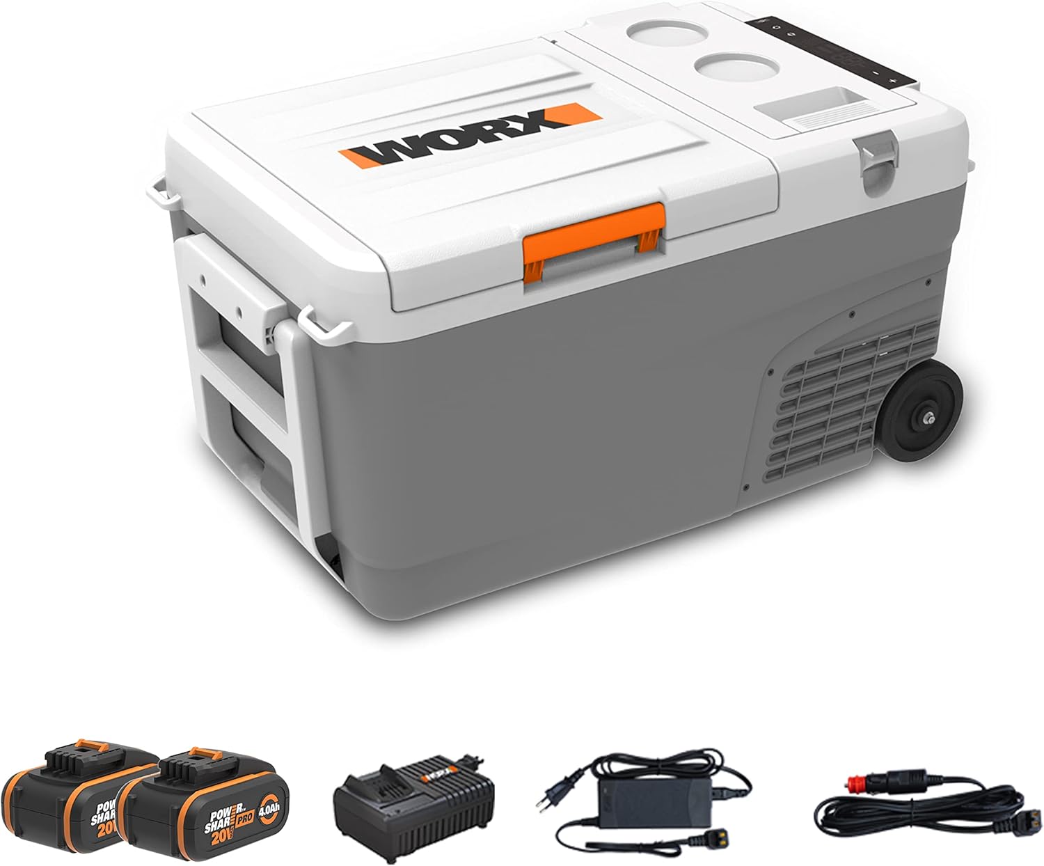 18V (20V Max) Glacière électrique Portable 23L WX876,PowerShare, 20V 220-240 V CA 12V/24V avec Roue et Poignée de Traction pour Chantier Camping Voyages Voiture