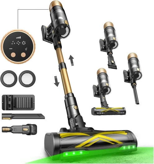 U15 Aspirateur Balai sans Fil, 50Kpa/65Min Aspirateur sans Fil Puissant, Tige Télescopique Réglable, Design Autoportant, Technologie GreenEye, pour Tapis, Sols Durs, Poils d'animaux Blond Clair