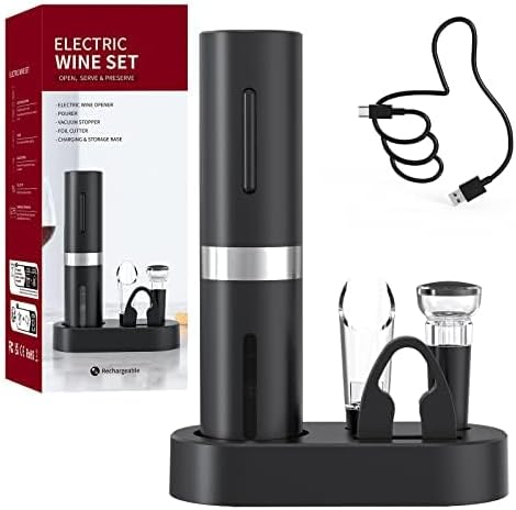 5 en 1 Ouvre-bouteilles électriques rechargeable Coffret Cadeau avec station de charge, Coupe-capsule,Aérateur de Vin, Bouchon de vin,Câble USB Set À Vin 5 en 1 - Noir