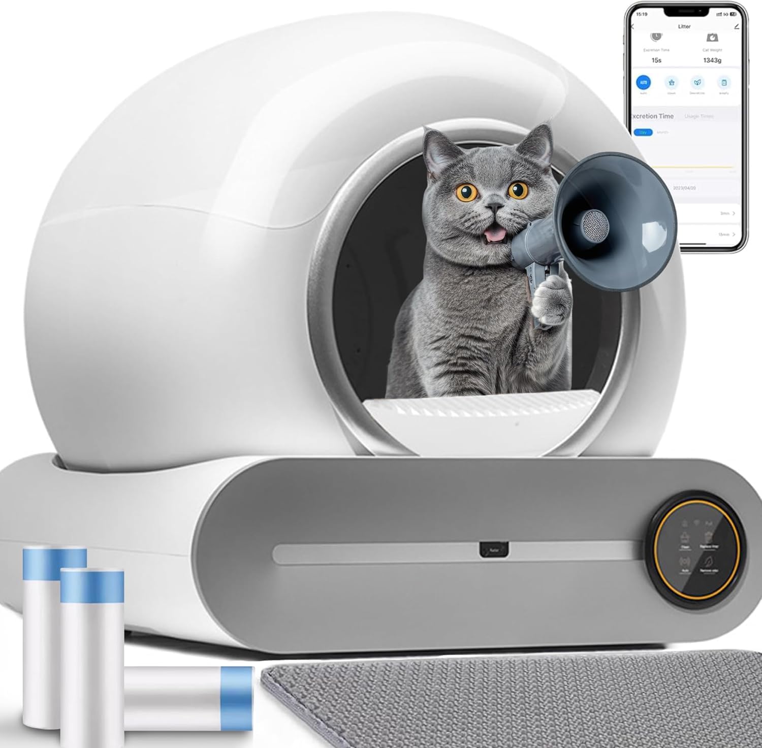 Litière pour chats autonettoyante, grande litière XXL avec détecteur infrarouge et capteurs de poids, contrôle des applications, design d'économie d'espace fermé pour chats (A) 1