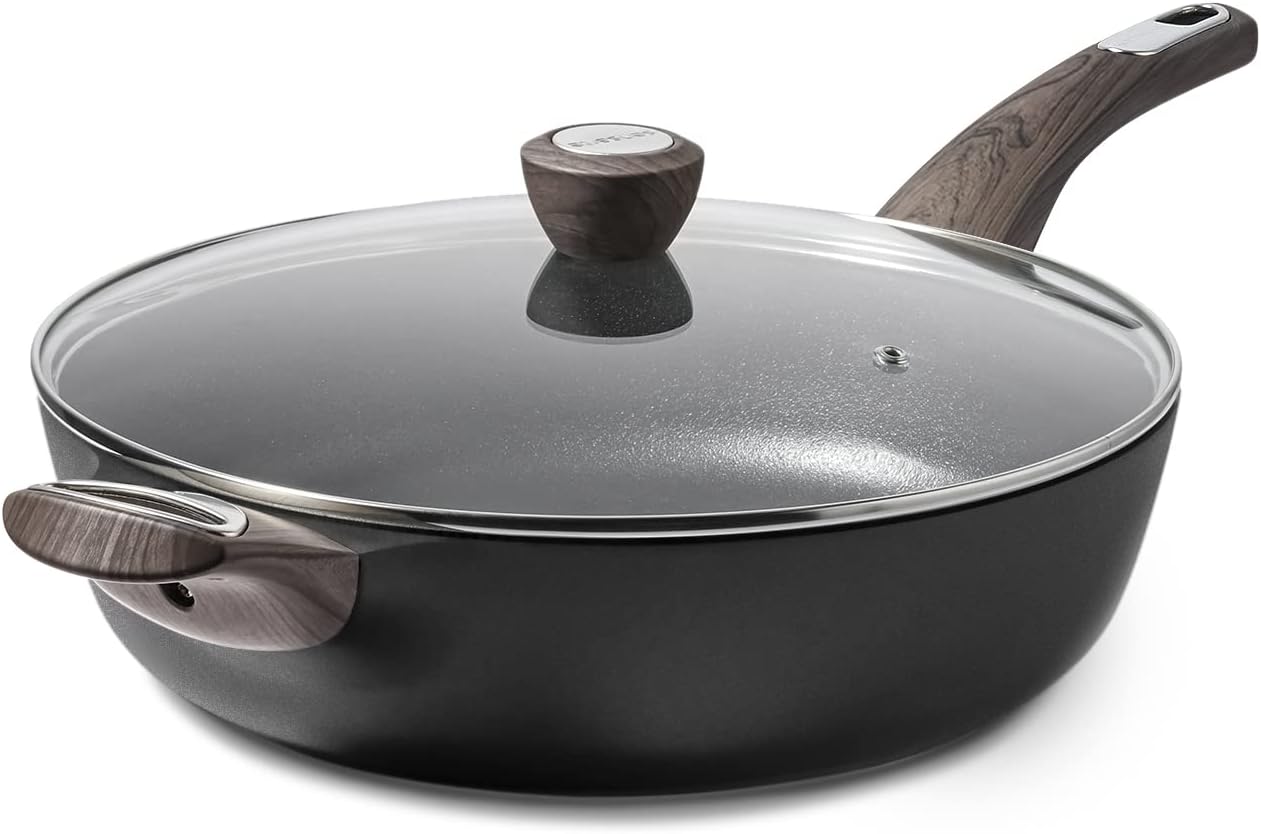 Sauteuse 30 cm avec Couvercle - Antiadhésif Sans PFOA, Anti-Projection et Manche Restant Froid - Compatible Induction, Gaz - Parfaite pour Ragouts, Sautés et Cuissons Saines Noir 30cm