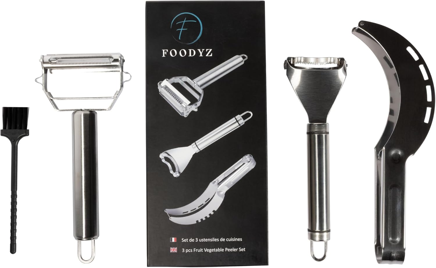 Kit ustensiles de cuisine FOODYZ -éplucher vos légumes avec un économe adapté et réaliser des juliennes facilement ! Et plus de possibilités encore grâce l’épluche maïs et le coupe pastèque