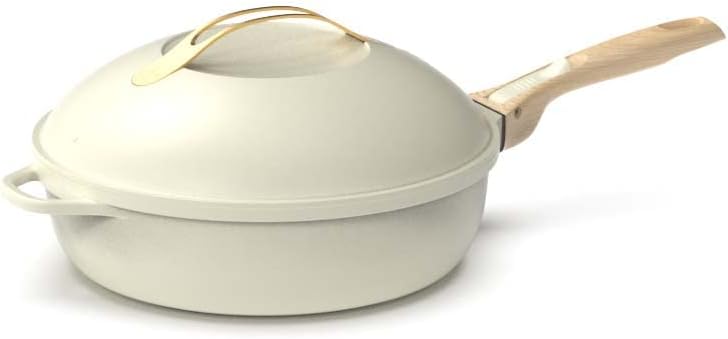 COOKUT - La Fabuleuse poêle 8 en 1 – Un seul ustensile qui remplace poêle, casserole, sauteuse, cocotte - Avec 2 poignées amovibles, panier vapeur/friture, spatule en bois - MERINGUE 28cm