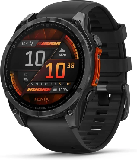 Fēnix® 8 – Montre GPS Multisports AMOLED - Gray avec Bracelet en Silicone Noir – 47 mm 47mm Acier Gray / Noir