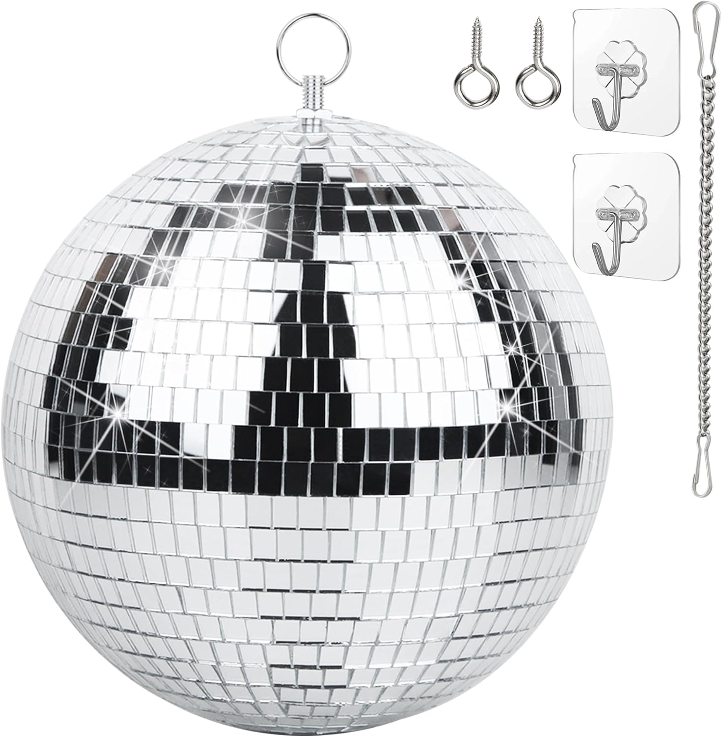 Oversevenls Boule à Facettes Disco 20 cm avec chaîne d'extension et crochet de suspension - Décoration Scintillante pour Fêtes et Événements, Argent