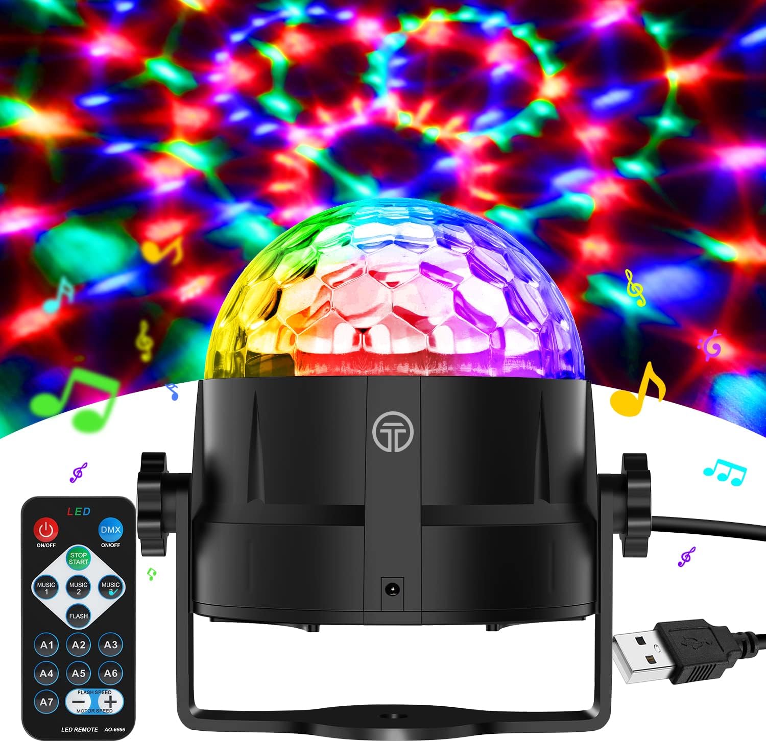 Boule Disco de Commande Vocale, 360° Rotative Boule à Facette Couleurs,3 Modes de Musique Jeux de Lumiere avec USB 4M Télécommande et Câble, boule a facette Lumiere Disco pour Fête/Noël/DJ