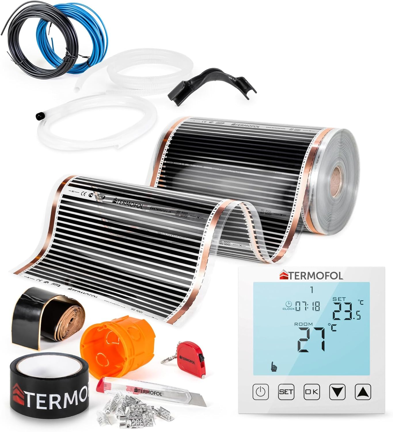 Termofol Chauffage Electrique par le Sol Set Tapis Chauffant avec H1 Thermostat 230V - Chauffage d'appoint Puissance 220 W/m2 - Surface 1 m² - Plancher Chauffant Electrique 1 m² H1 Blanc