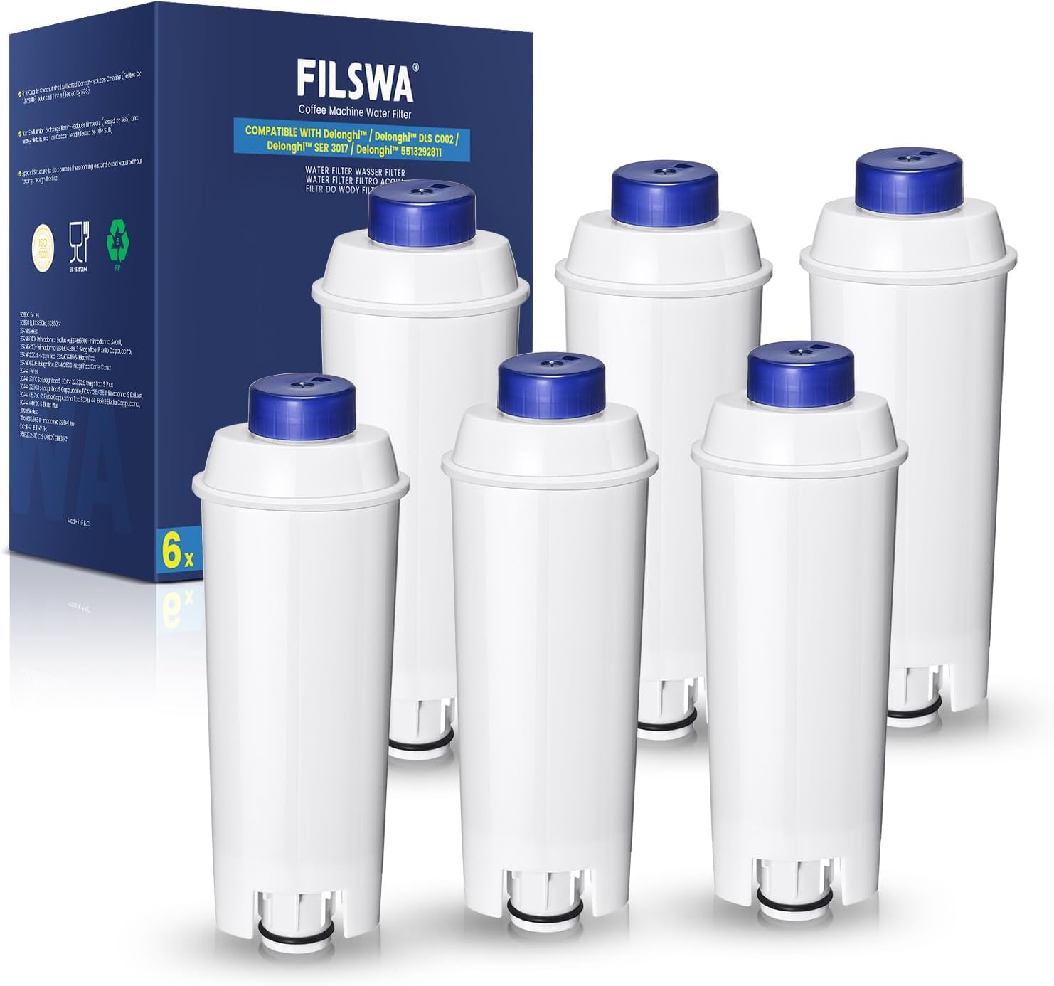 Filswa Delonghi - Filtre à eau de rechange pour machines à café automatiques - Compatible avec la série ECAM, Dinamica, Magnifica & Magnifica S/Evo, ETAM Autentica, Eletta Explorer, Prima Donna 6 Stück
