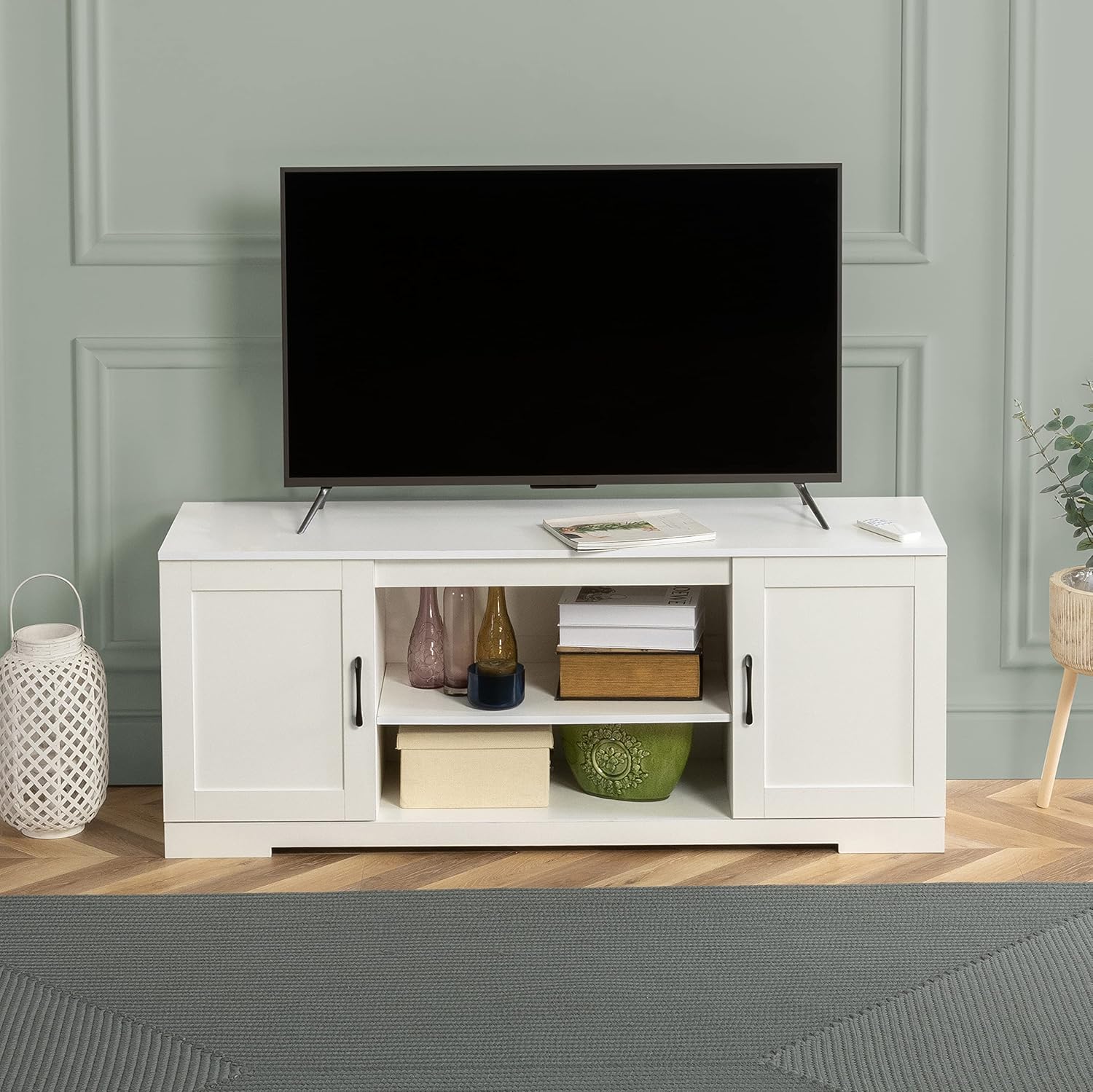 Bennett Meuble TV - Meuble TV de style rustique avec étagères de rangement et portes - Meuble multimédia en bois - Table polyvalente - Blanc