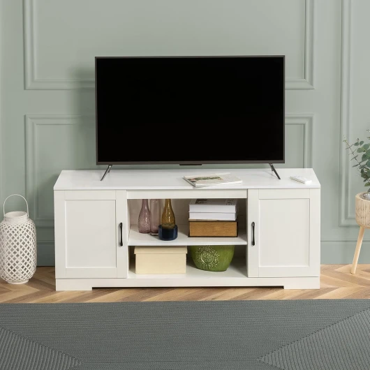 Bennett Meuble TV - Meuble TV de style rustique avec étagères de rangement et portes - Meuble multimédia en bois - Table polyvalente - Blanc