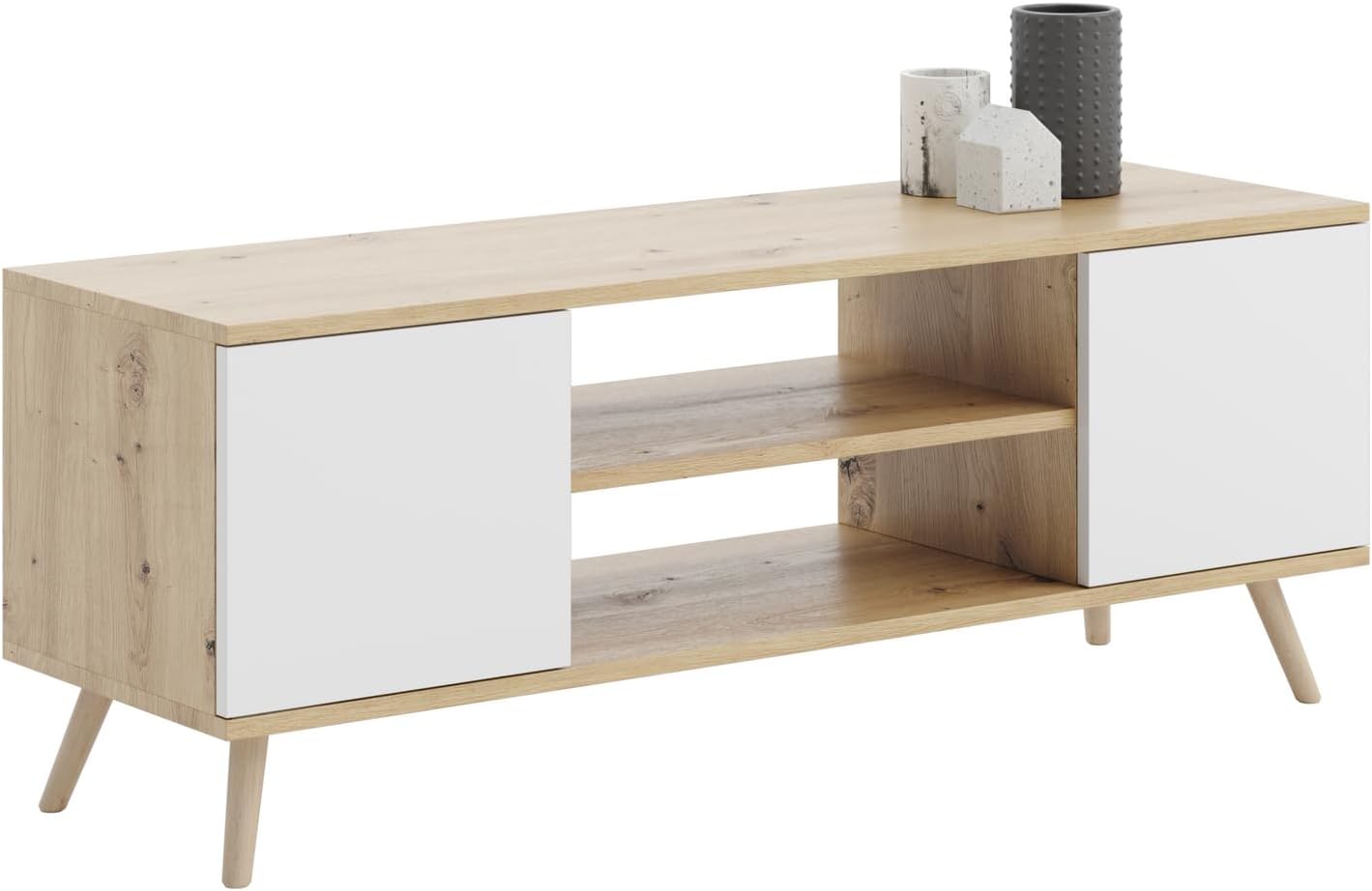 Focus Armoire TV - Meuble - Style scandinave pour Le Salon - Espace de Rangement spacieux - Pieds en Bois - Design Moderne (chêne Artisan - Blanc)