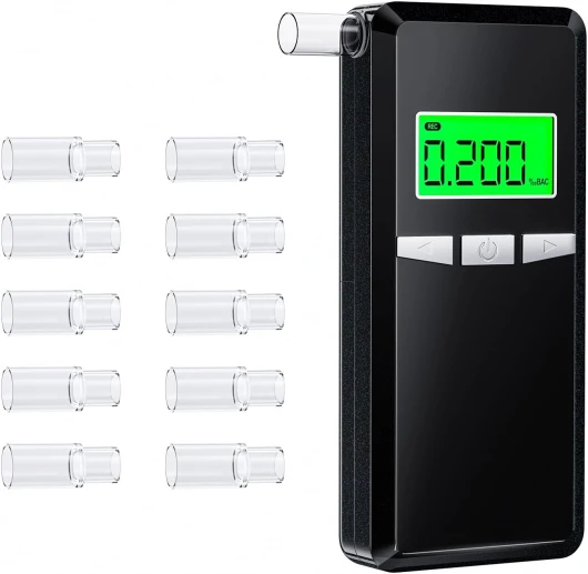 Ethylotest Electronique, Alcootest Amélioré de Haute Précision avec écran LCD Numérique Bleu, Ethylometre pour Usage Domestique ou de Fête, Livré avec 10 Embouts (Noir)