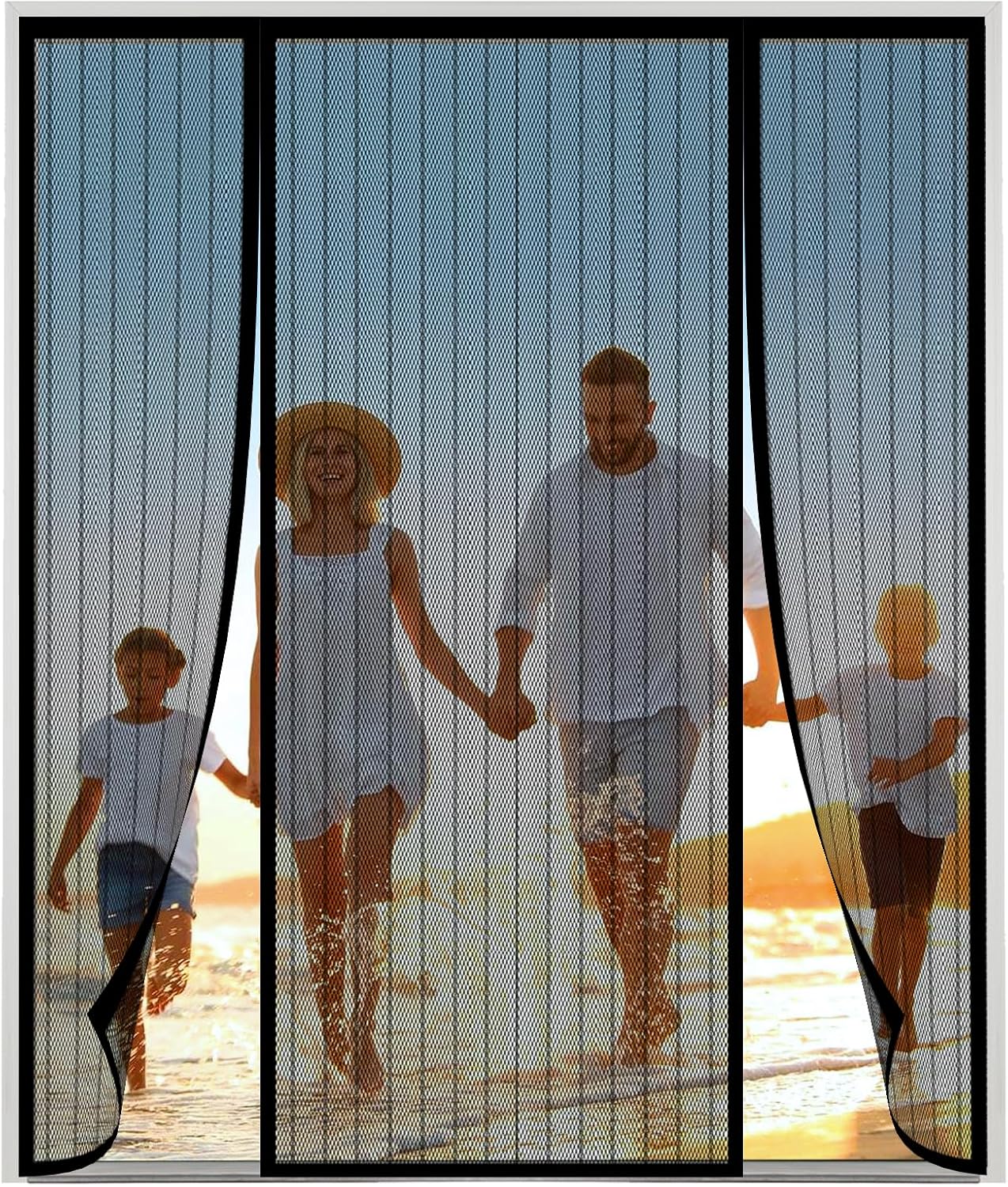 Moustiquaire Baie Vitree Coulissante Magnétique,Noir Moustiquaire Magnétique pour Porte,Deux côtés ouverts Rideau Porte Anti Insectes Mouche Moustique, pour Couloirs, Portes,120(30/60/30) x210cm Bandes Noires Width x Height:120x210cm