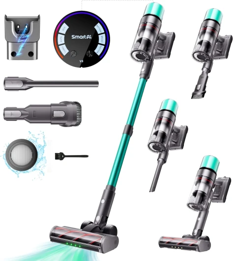 V5 Aspirateur Balai sans Fil, 55Kpa/600W/80Mins Aspirateur sans Fil Puissant, Autoportant Aspirateur Balai, Autonomie Ultra-Longue pour Tapis, Sols Durs, Poils d'animaux