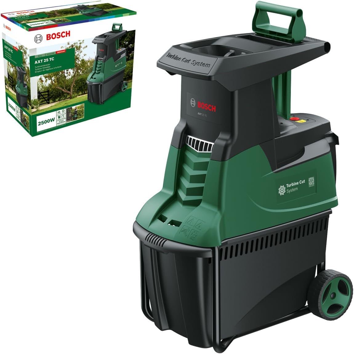 Broyeur de jardin à turbine Bosch - AXT 25 TC (2500 W; conçu pour le bois et les débris de jardin; bac de ramassage intégré de 53 L; livré dans un carton) Nouveau Design - Vert Classique AXT 25 TC I Concasseur à turbine AXT 25 TC I Concasseur à turbine
