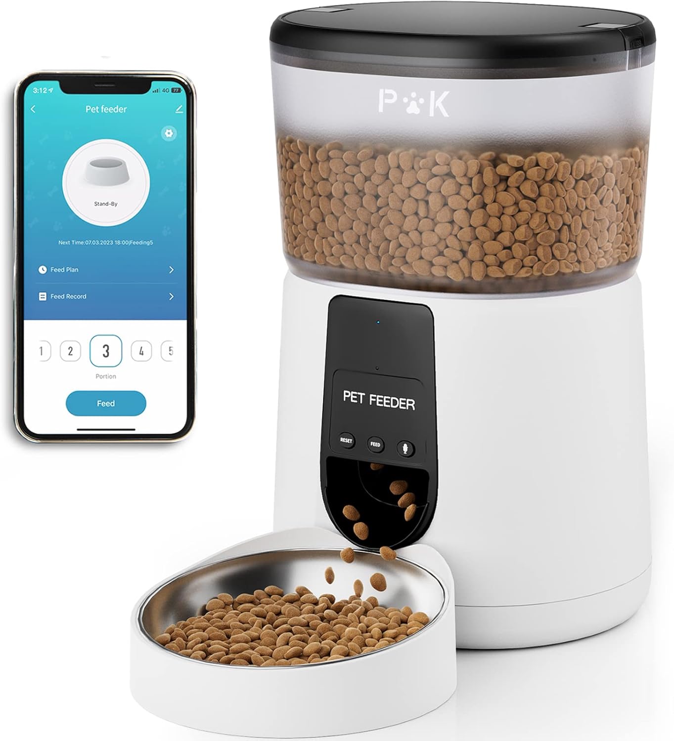 Distributeur Croquettes Chat Automatique, 2.4G WiFi 4L Distributeur Croquettes Chat & Chien, Connecté App, Enregistrement Vocal 10S, 1-10 Repas par Jour Blanc