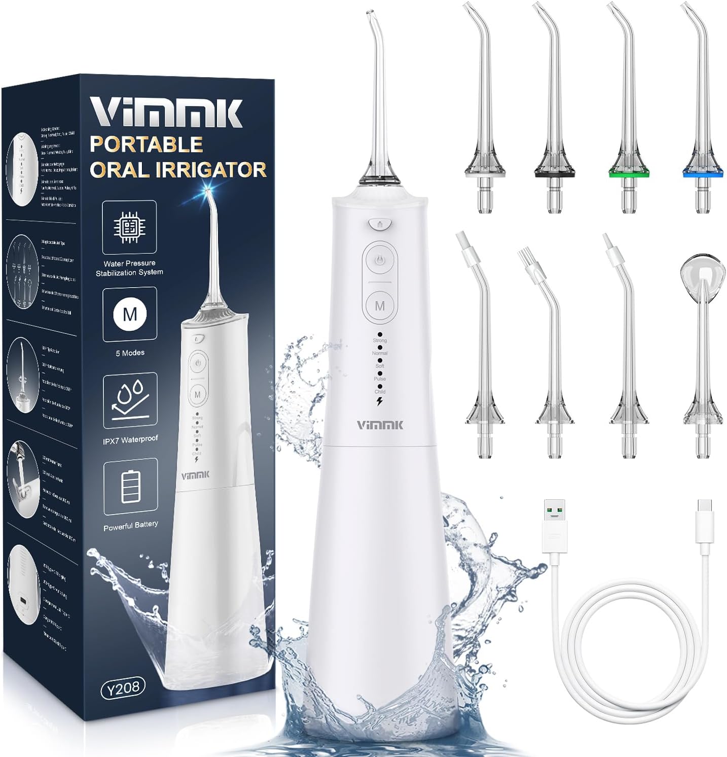 VIMMK Jet Dentaire Hydropulseur et Irrigateurs Oral avec 5 Modes de Pression d'eau et 8 Embouts Remplaçables, Rechargeable et Étanche IPX7, Réservoir 300ML (Blanc)