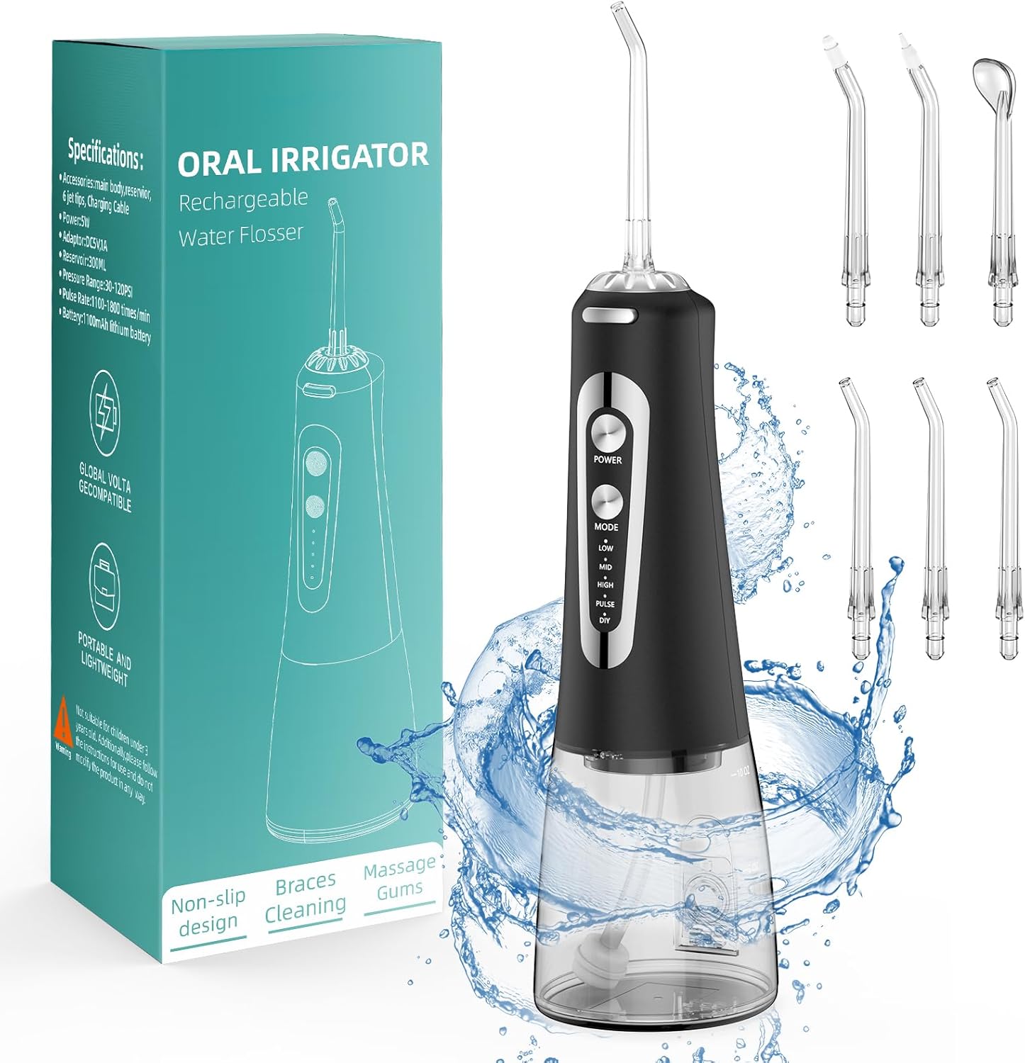 Jet Dentaire Hydropulseur Portable, Jet Dentaire Sans Fil Rechargeable avec 5 Mode set 6 Buses Capacité de 300 ML IPX7 Étanche Pour La Maison et Les Voyages zf Noir