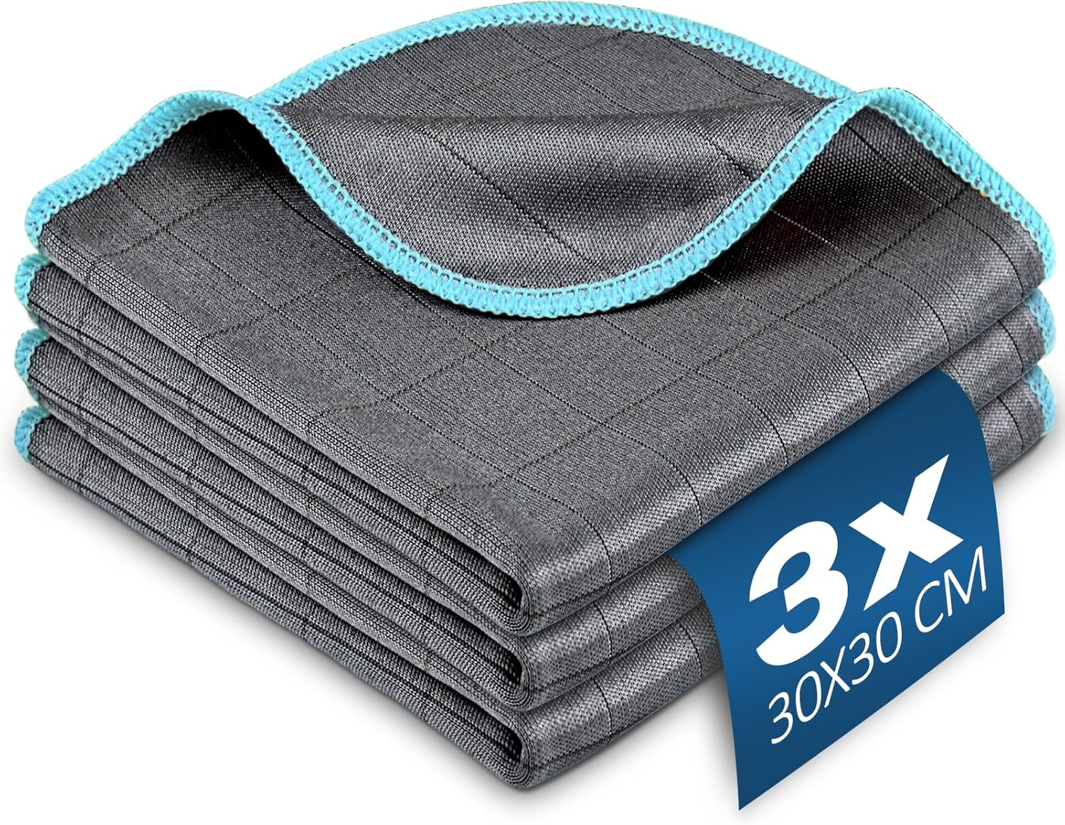 Chiffon Magique Microfibre Carbone 400GSM, Serviette Sans Trace Absorbant Polissage, Lingette Essuie Verre Vitre Lunette Vaisselle Cuisine Menage Voiture, Torchon Nettoyage Réutilisable Lavable Chiffons Fibres de Carbone, Bleu, 3x, 30x30cm
