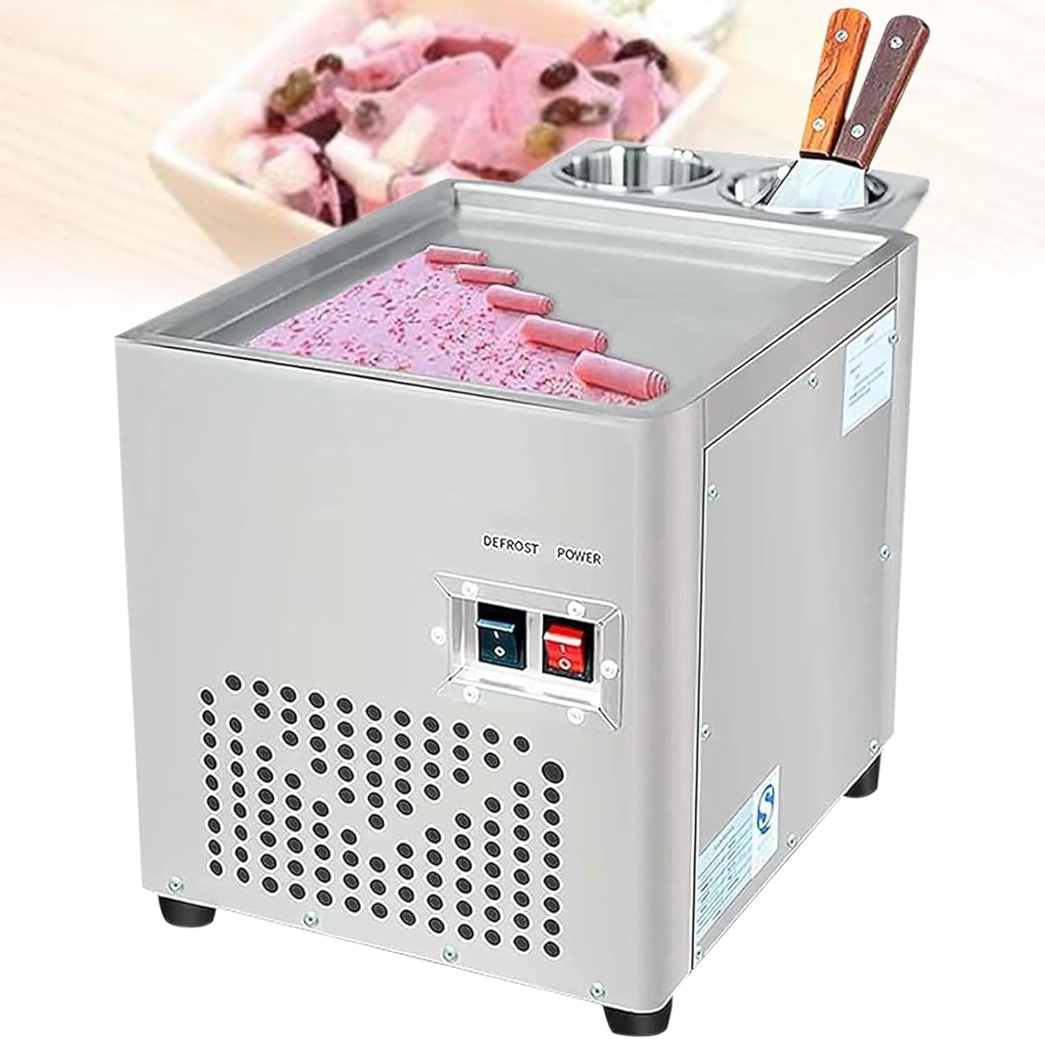 Sorbetière, Machine à Glace Roulée Frite, Machine à Glace Roulée Professionnelle en Acier Inoxydable avec 2 Raclettes, pour la Fabrication de Glaces, Rouleaux de Glace