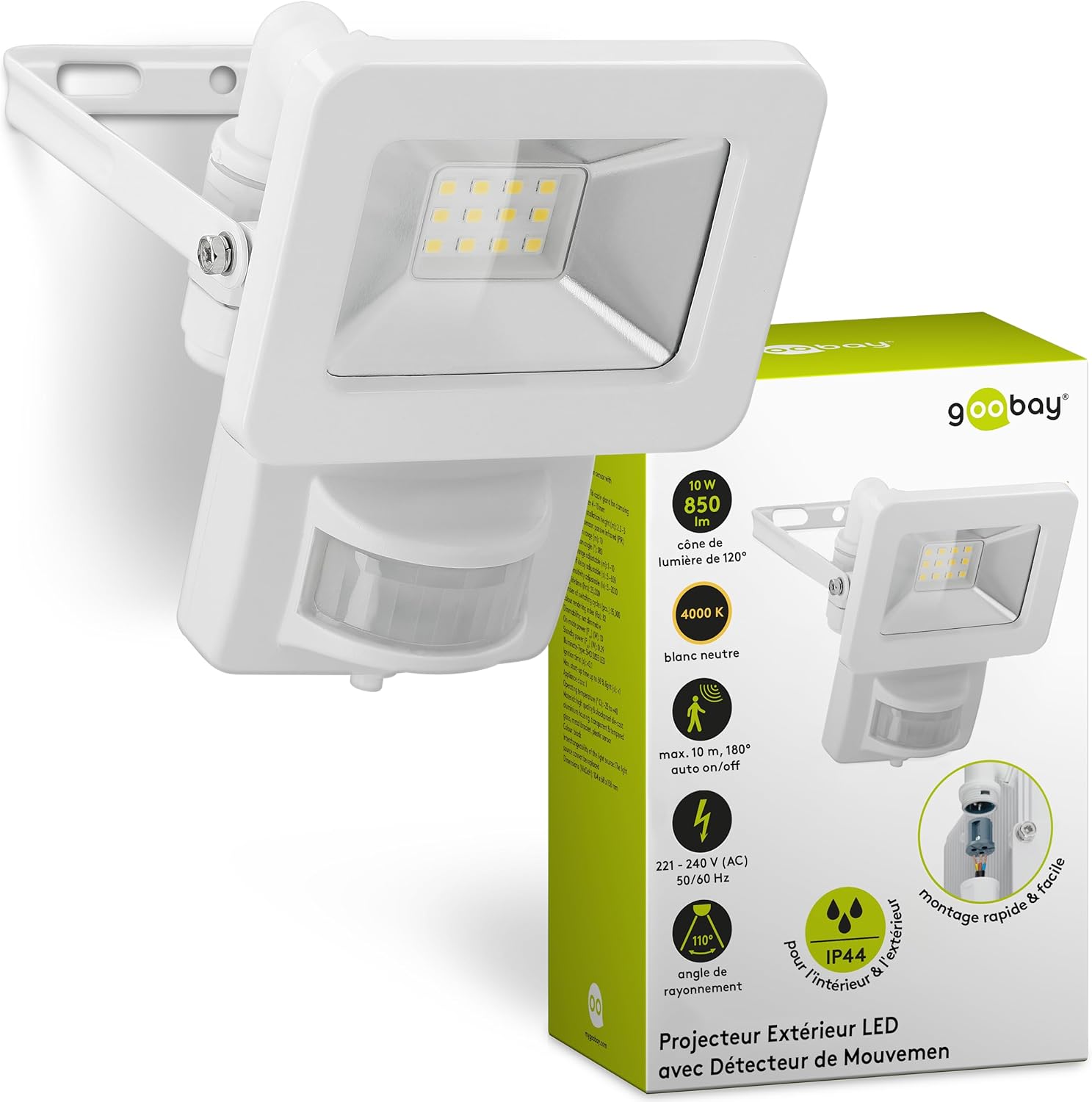 Goobay 53878 Projecteur LED avec détecteur de mouvement – Projecteur LED de 10 W – Lumière blanc neutre 4000 K – 850 lm – Angle d'éclairage 100 degrés – Indice de protection IP65 – Blanc