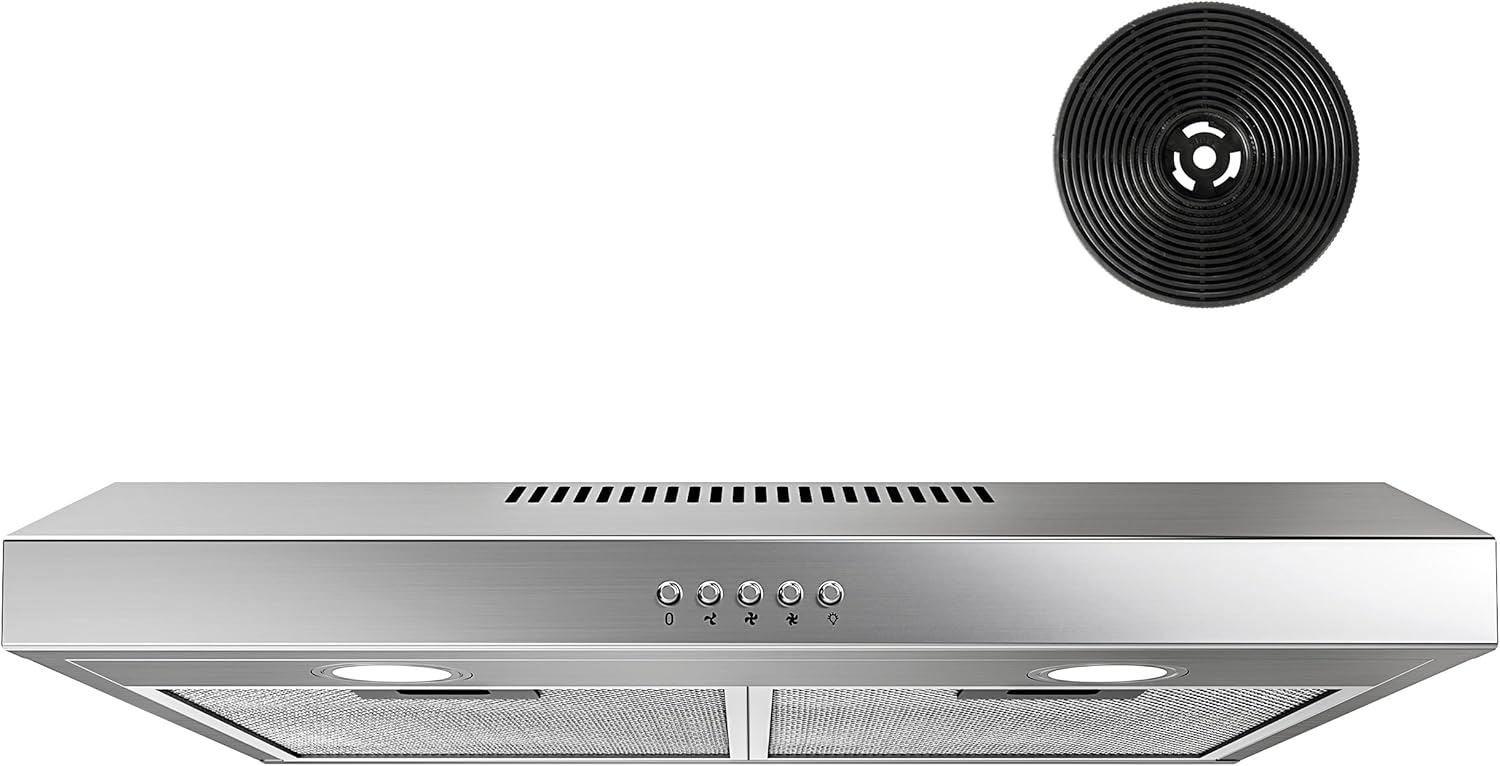 Hotte Aspirante 60cm, avec Moteur sans balais, 3 Vitesses, 250m³/h, Eclairage LED, Filtre à charbon inclus, Evacuation et Recyclage, Inox