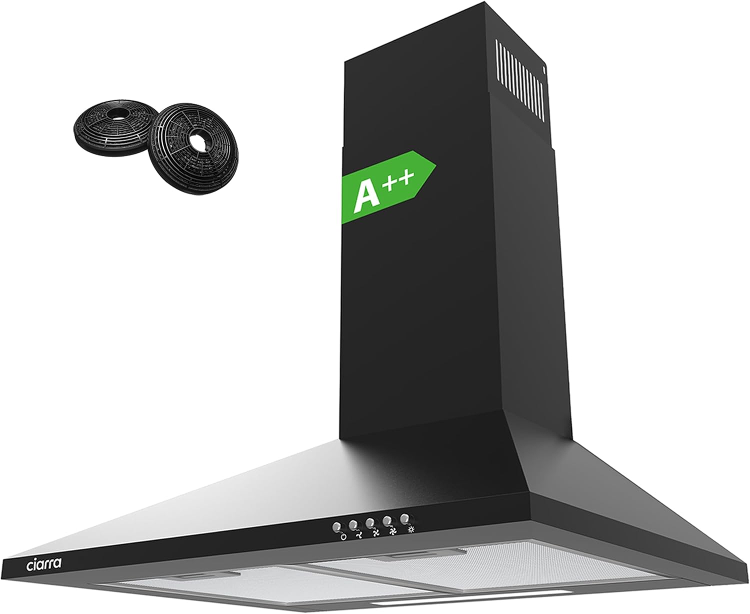 CBCB6201 Hotte Aspirante 60cm 370m³/h Class A++- Evacuation ou Recyclage - Filtres à Charbon INCLUS - 3 Vitesse - Hotte Murale - Noir 60cm Noir