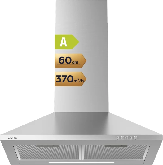 CAS6201A Hottes Aspirantes 60cm 370m³/h Class A- Evacuation ou Recyclage -Filtre Charbon NON INCLUS - 3 Niveaux de Vitesse - Hotte Murale - Inox Acier Inoxydable